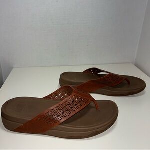 Fitflop Lattice Surfa Floral Brown Leather Comfort Thong Sandal
